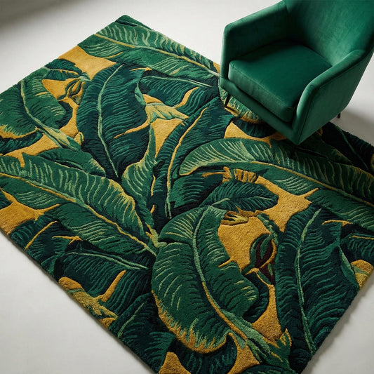 Tropical leaf area rug with green sculpted foliage on mustard background for bold botanical home decor