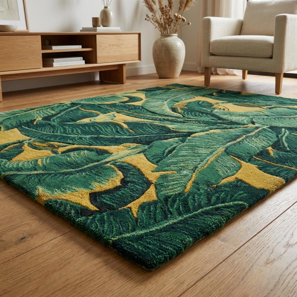 Detailed corner view of tropical leaf area rug showing carved leaf edges, raised tufted pile, rich green shades, and mustard base for depth and luxury texture.