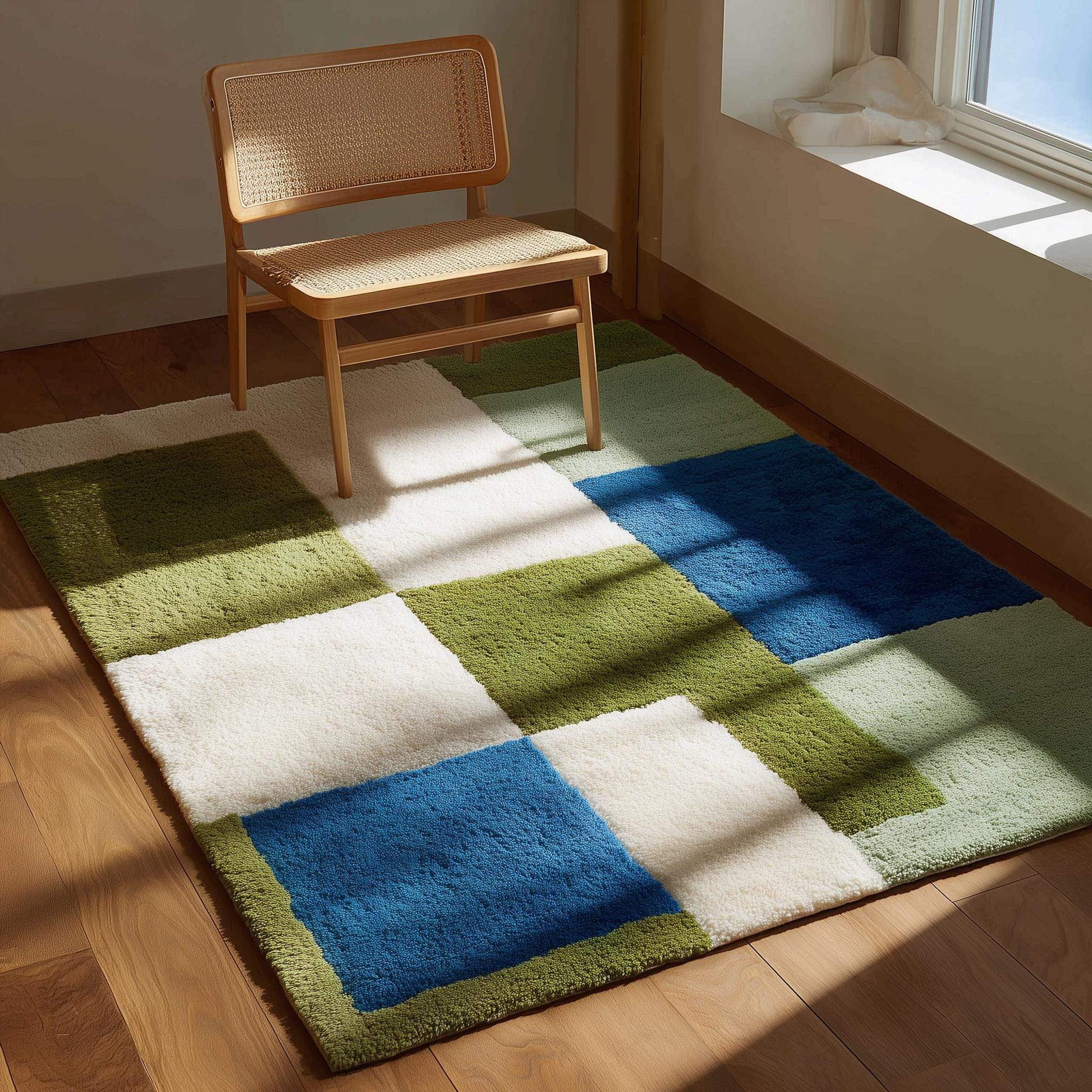Modern geometric color block rug with green, blue, and cream tones, high pile soft tufted carpet for living rooms and bedrooms