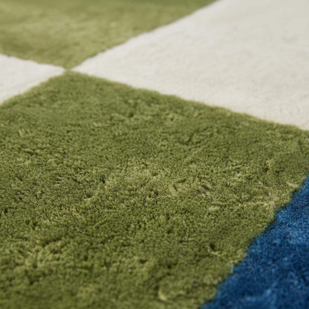 Geometric color block rug with green, blue, and cream tones, hand-tufted high pile carpet for modern living spaces