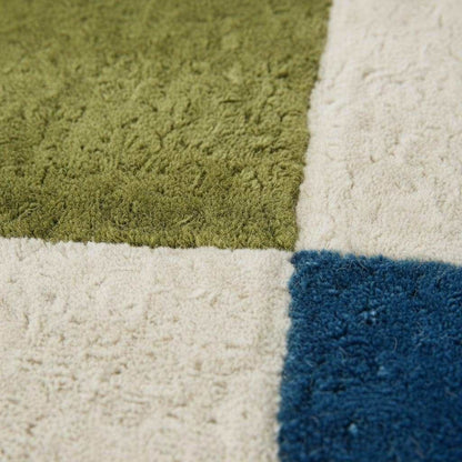 Geometric color block rug with green and blue tones, high pile hand-tufted soft area carpet for modern home décor