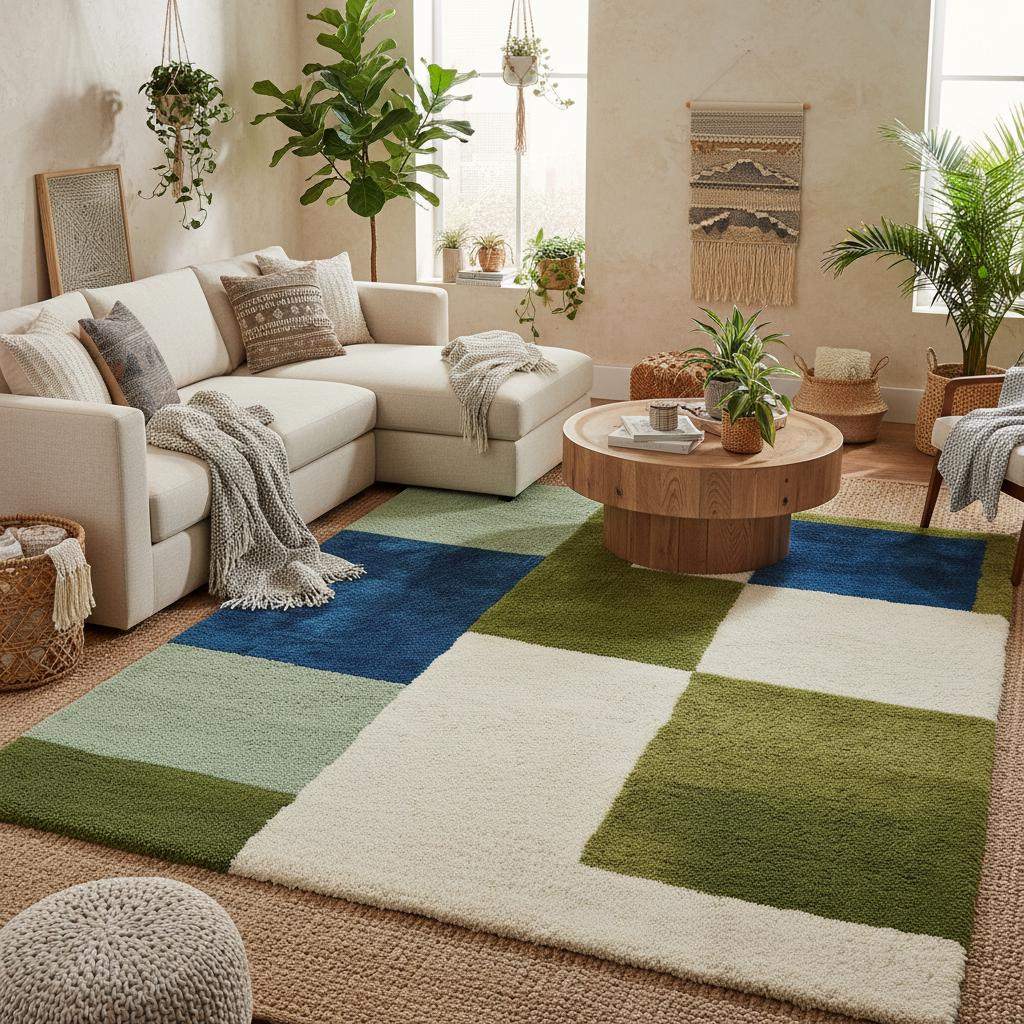 Geometric Color Block Rug with green and blue tones in a plush high pile design for modern home décor.