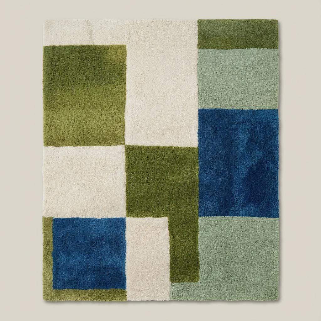 Geometric color block rug with green, blue, and cream tones, hand-tufted high pile carpet for modern home décor