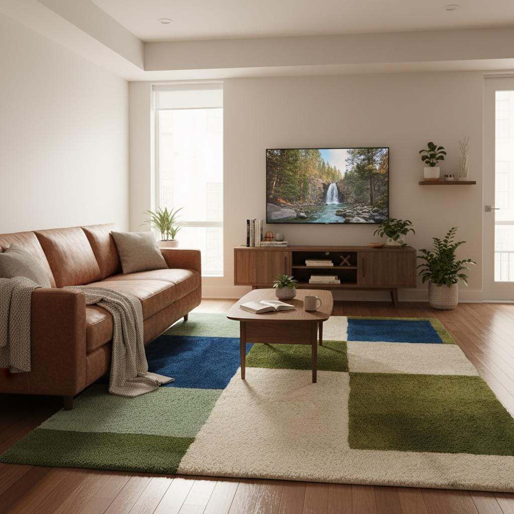 Geometric color block rug with green, blue, and cream high pile tufted carpet for modern home decor