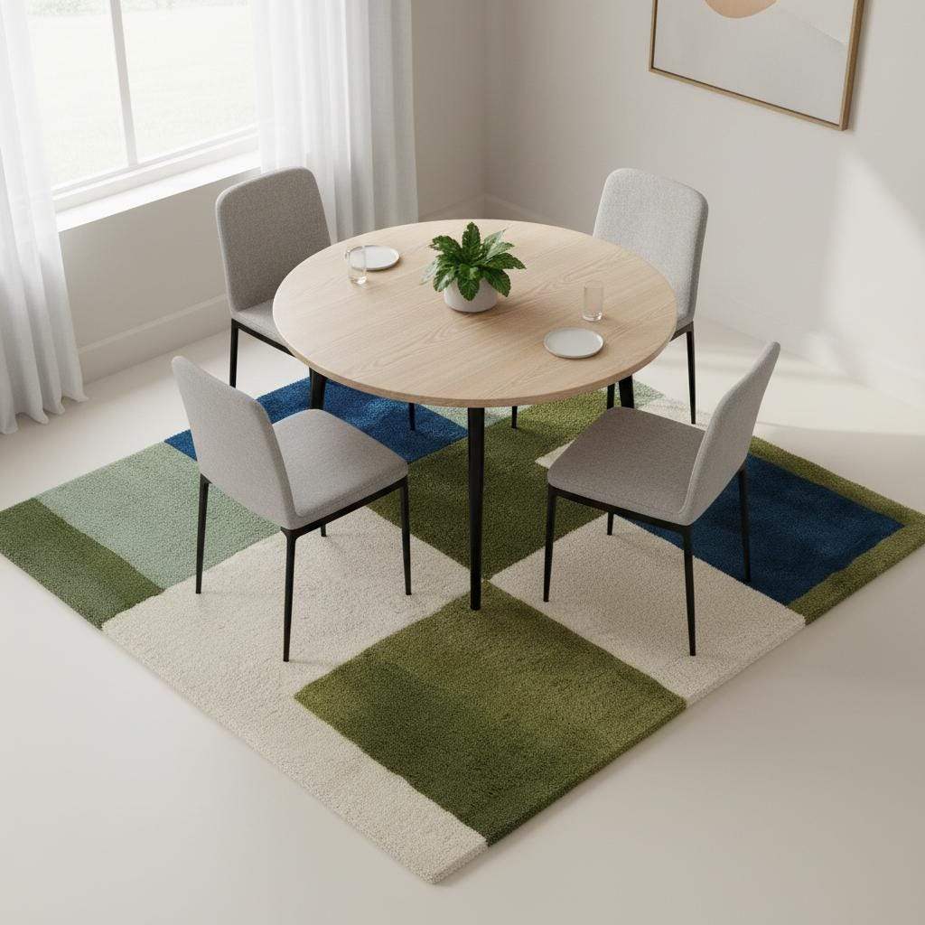 Modern geometric color block rug with high pile, green and blue tones, soft hand-tufted carpet for cozy living spaces