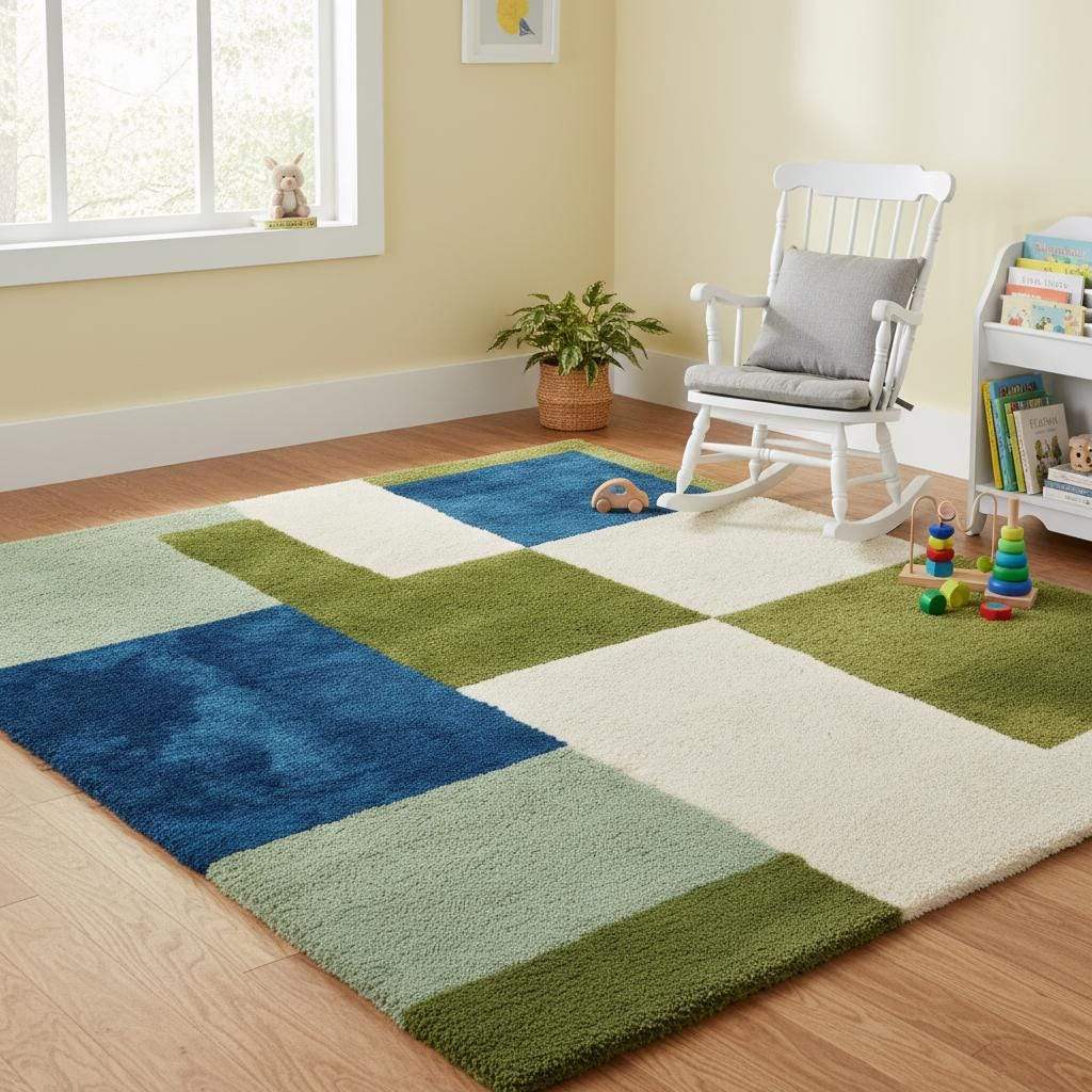 Geometric color block rug with green, blue, and cream tones, high pile, soft tufted modern area rug.
