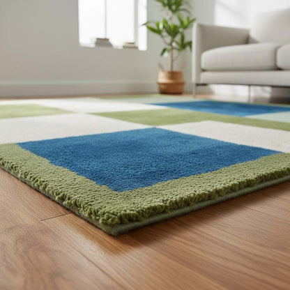 Modern geometric color block rug with green, blue, and cream high pile tufted carpet for stylish home décor