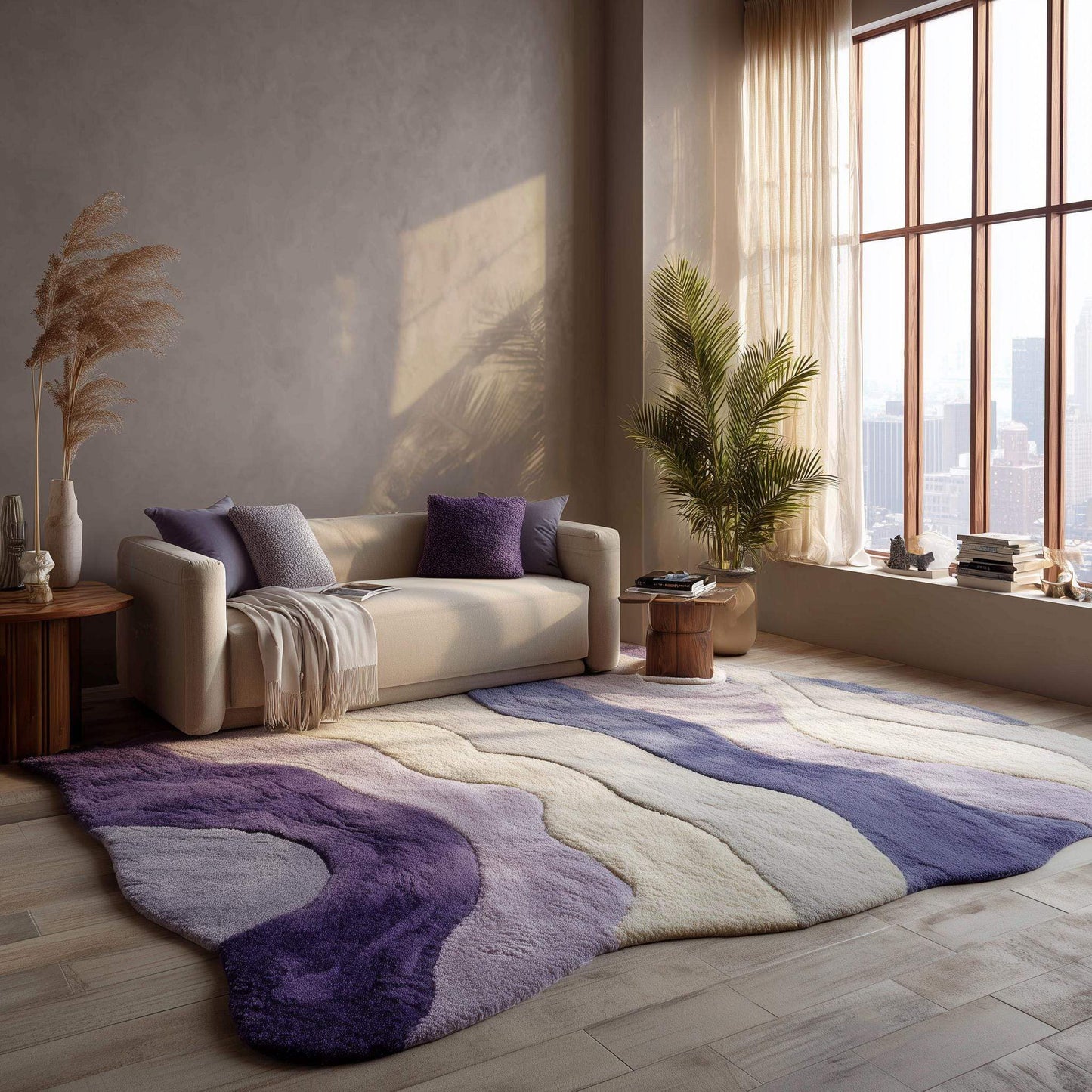 Lavender freeform rug with sculptural tufted design and organic shape in purple gradient