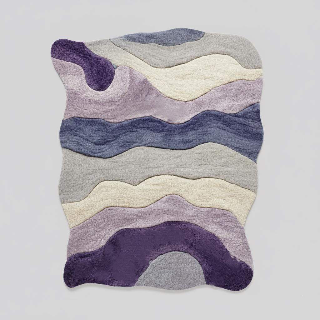 Lavender freeform rug with sculptural tufted texture and organic wavy shape in purple gradient for modern boho decor