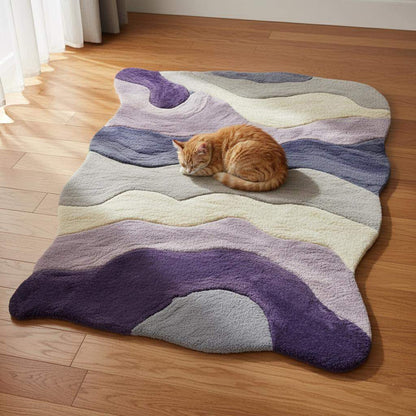 Lavender freeform rug with sculptural tufted texture and organic wavy edges in purple gradient for cozy, modern boho decor