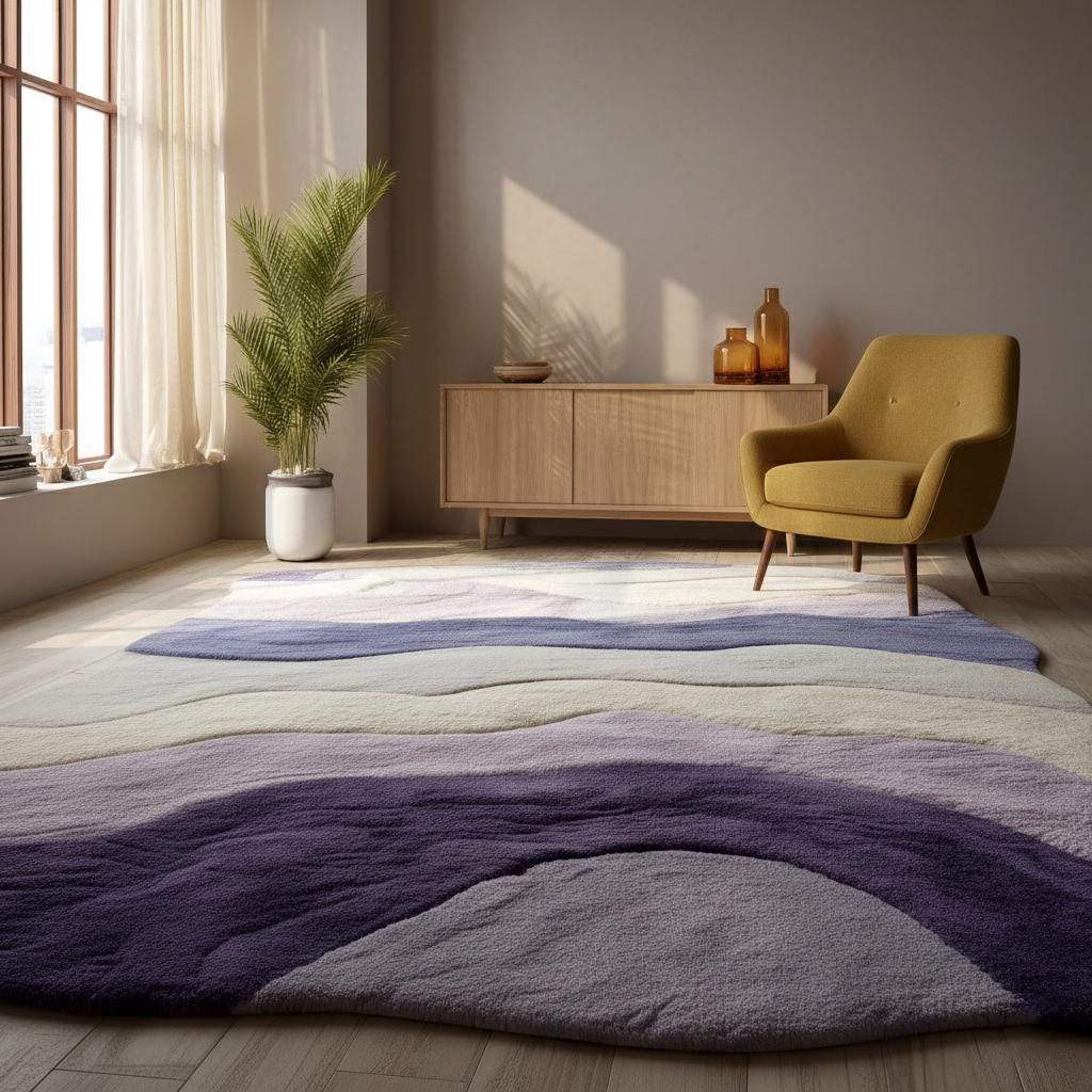 Lavender freeform rug with sculptural tufted texture and organic wavy edges in purple gradient design