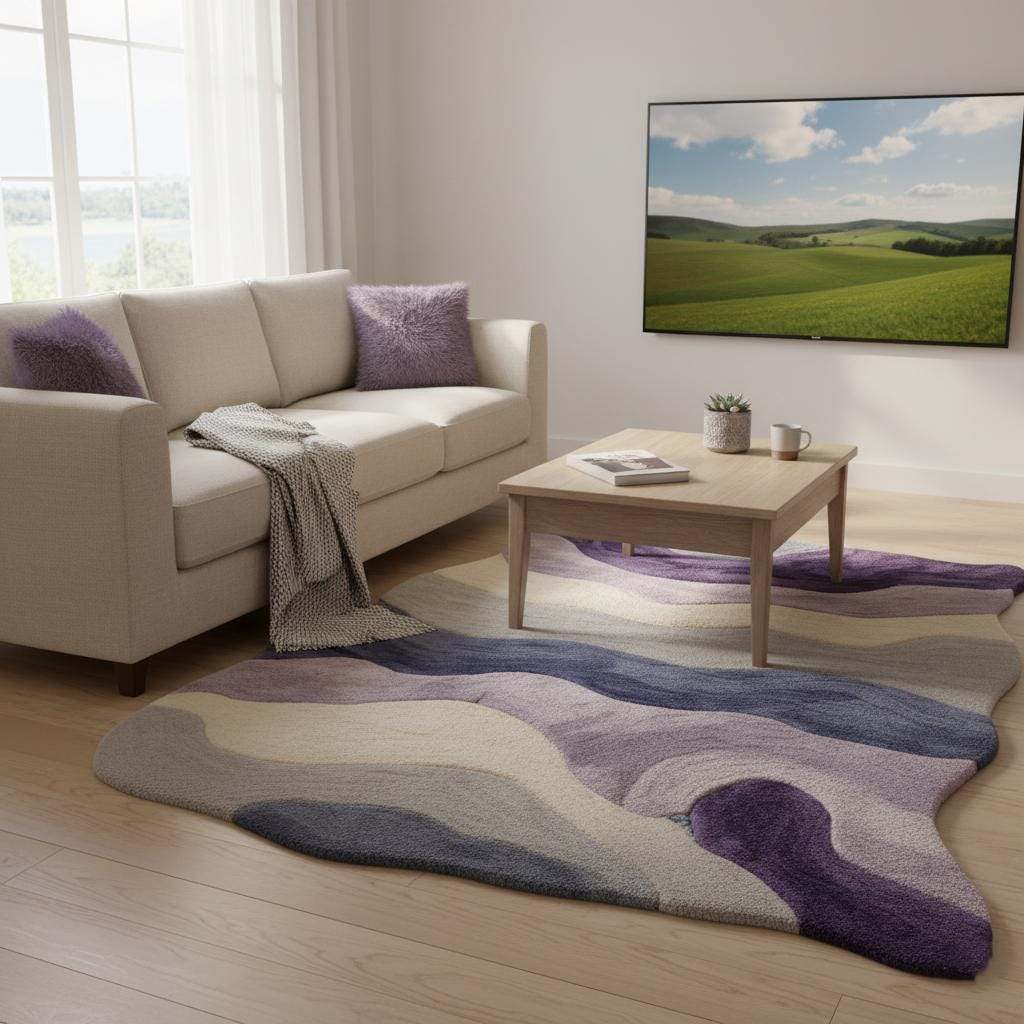 Lavender freeform rug with sculptural tufted texture and organic wavy shape in purple gradient for cozy living spaces