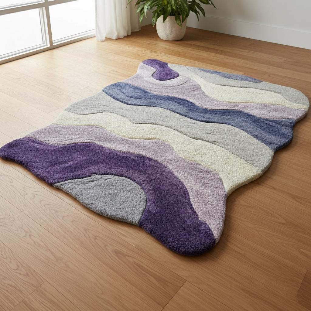 Lavender freeform rug with sculptural tufted design and soft plush texture in organic purple gradient shape
