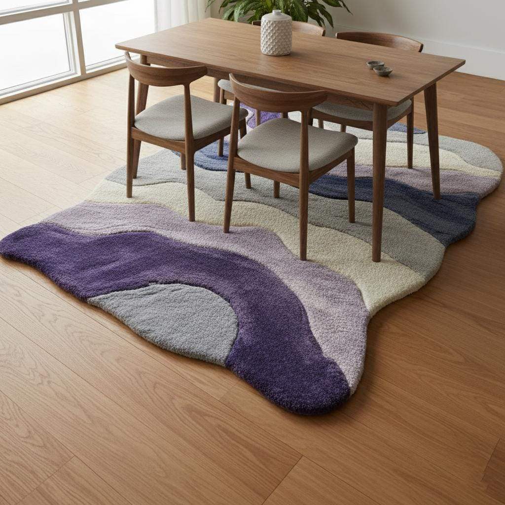 Lavender freeform rug with sculptural tufted 3D texture and organic wavy edges in purple gradient for boho and modern interiors