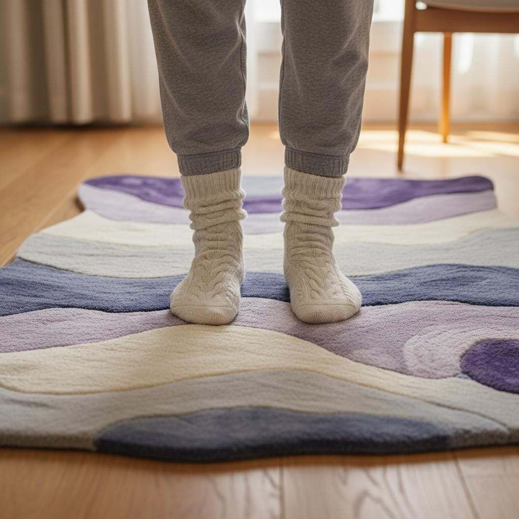 Lavender freeform rug with sculptural tufted design and purple gradient organic shape