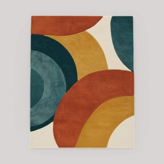 Handmade mid century modern rug with abstract geometric terracotta, mustard, teal, and green color blocks in a rectangular wool design