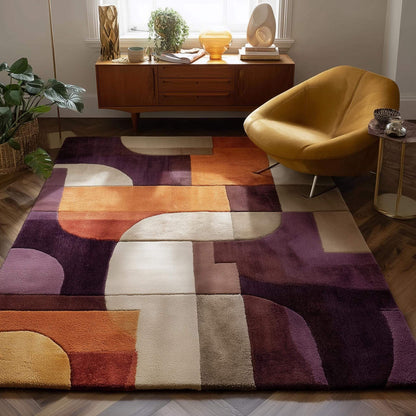 Retro area rug with vibrant mid-century geometric design and soft plush texture