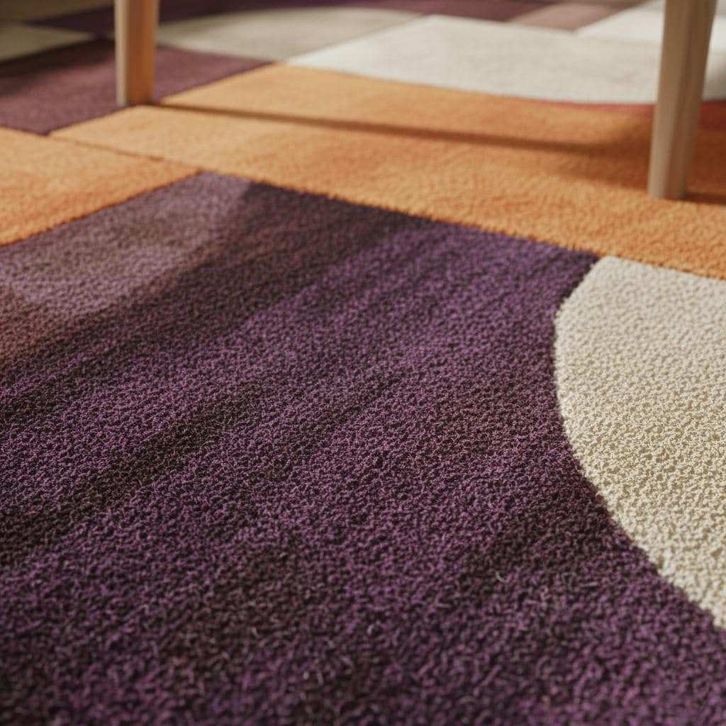 Colorful retro area rug with mid-century modern geometric pattern and plush texture