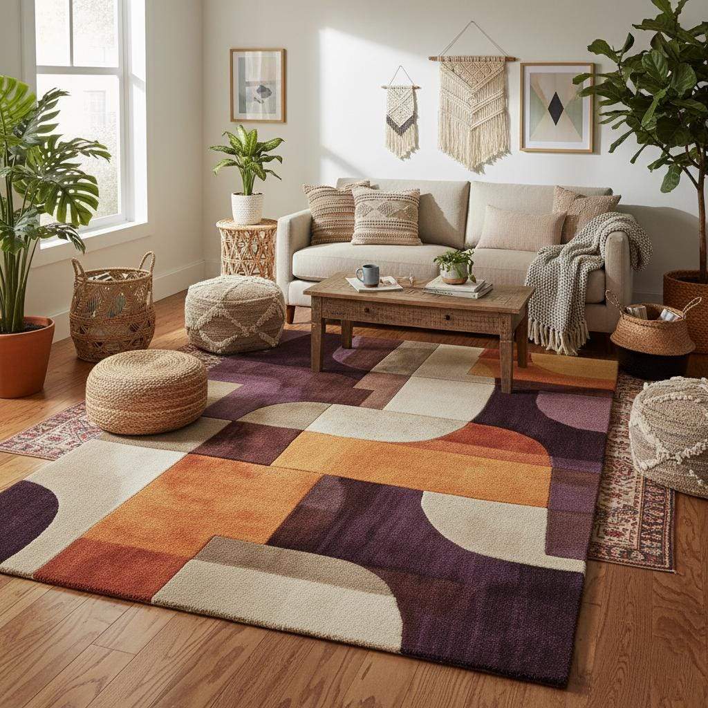 Retro area rug with vibrant mid-century geometric design and soft plush texture