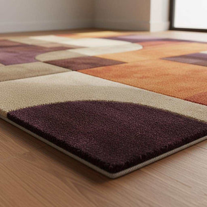 Retro area rug with soft plush texture and bold mid-century geometric design