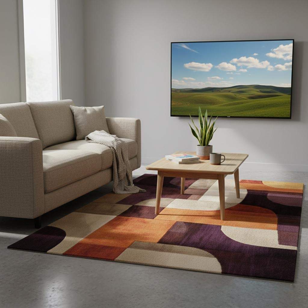 Colorful retro area rug with mid-century abstract geometric design and plush texture