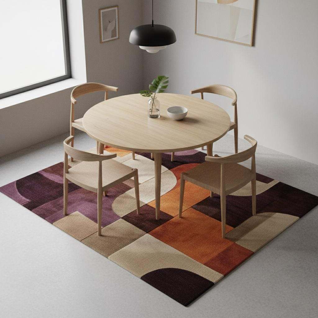 Retro area rug with mid-century modern geometric abstract pattern and plush texture