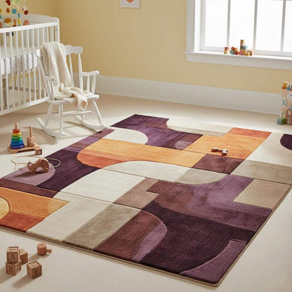 Retro area rug with modern geometric tufted design in vibrant mid-century colors on plush floor carpet