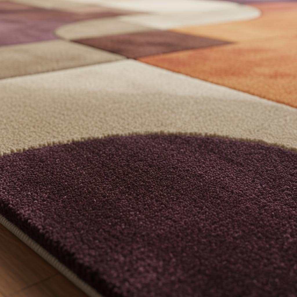 Retro area rug with bold mid-century geometric pattern and soft plush texture