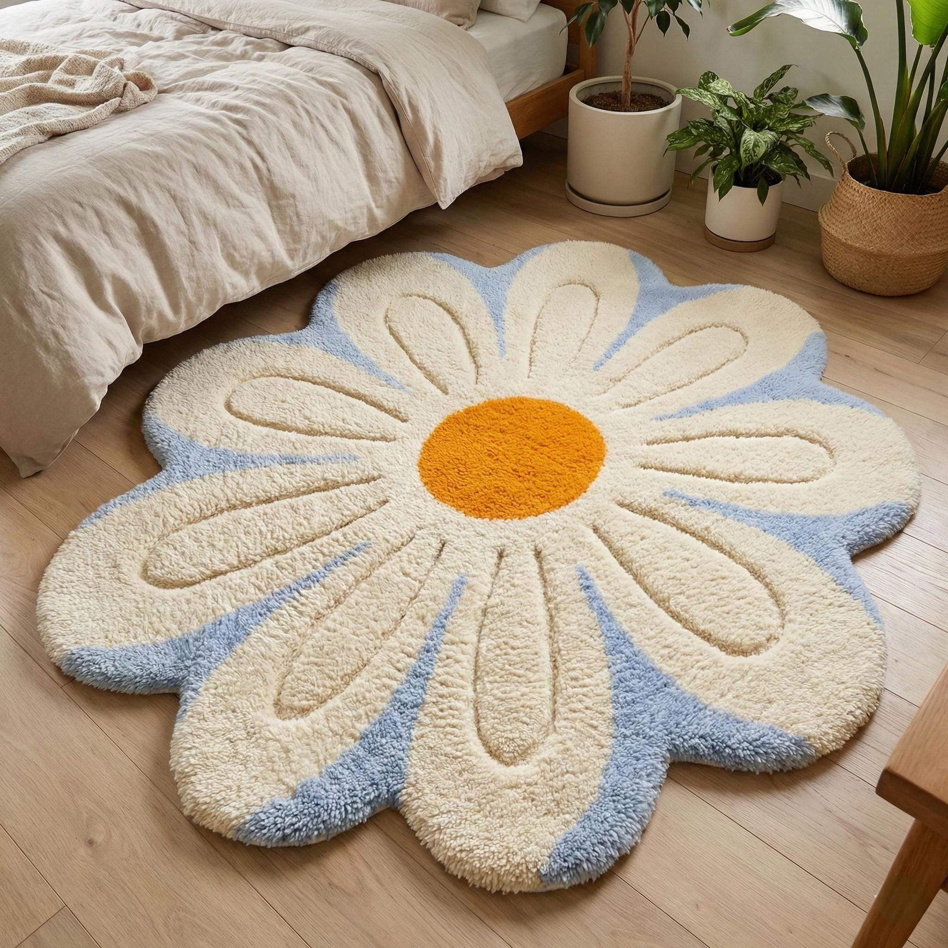 Tufted Daisy Flower Rug with soft cream petals, blue outline, and mustard yellow center for cozy nursery decor