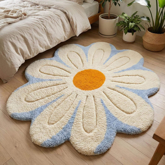 Tufted Daisy Flower Rug with soft cream petals, blue outline, and mustard yellow center for cozy nursery decor