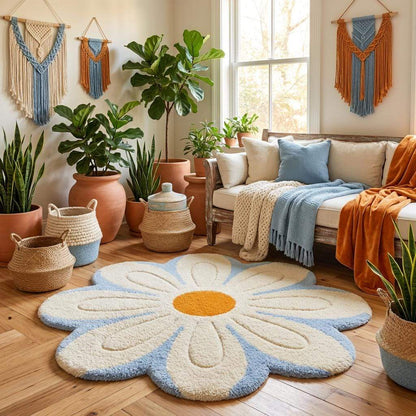 Pastel daisy rug in cream petals with sky blue border, plush tufted floor mat for modern bedroom