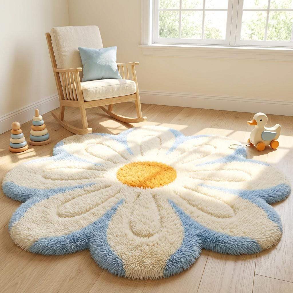 Scandinavian boho floral rug, daisy shaped plush area rug for dorm room and reading corner decor