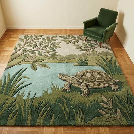 Turtle Pond Area Rug with whimsical turtle and aqua pond in cottagecore botanical green design