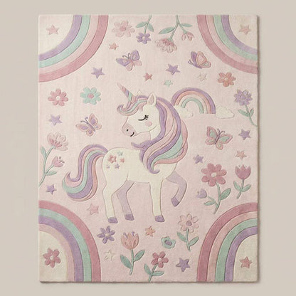 Top-down view of unicorn kids room rug with rainbow, stars, butterflies and floral pattern, pastel nursery area rug with soft fantasy theme