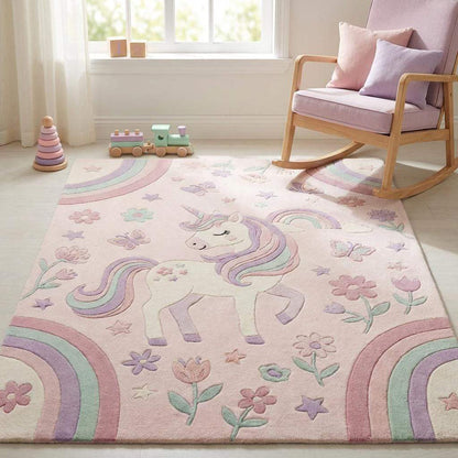 Soft unicorn nursery rug in baby room setting with crib and toys, pastel rainbow kids carpet designed for cozy play and gentle decor