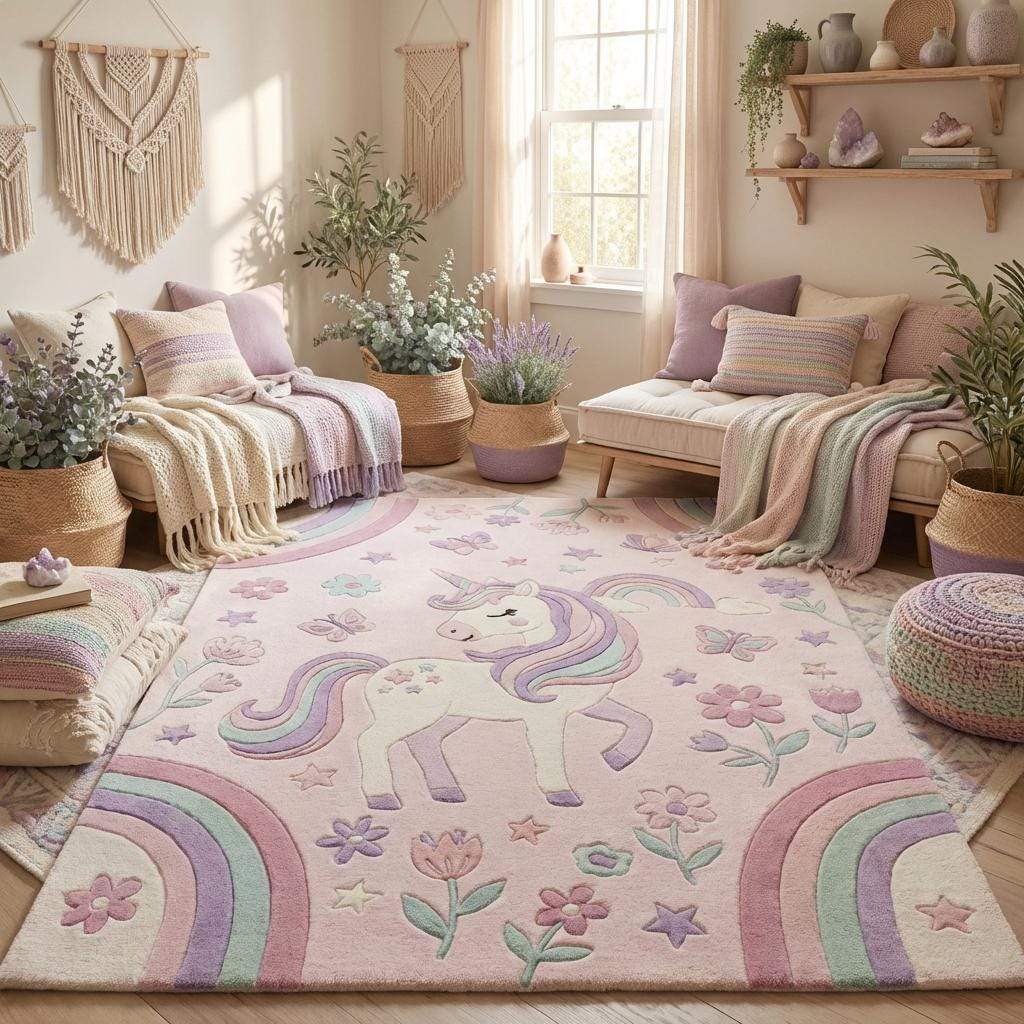 Unicorn Nursery Rug Pastel Rainbow Kids Room Rug Soft Playroom Carpet Floral Girls Bedroom Decor Baby Room Area Rug