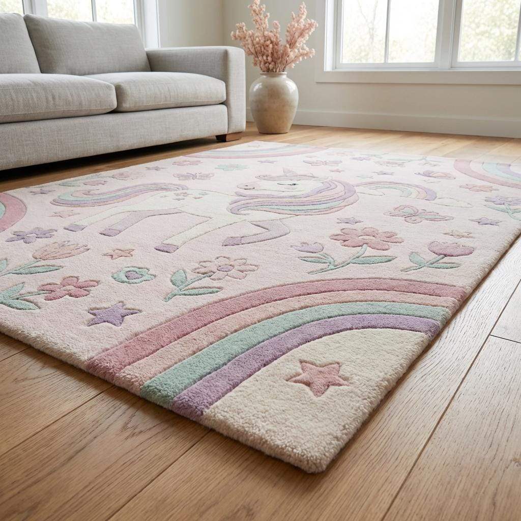 Corner detail of pastel nursery rug showing clean edges, soft pile height, and carved unicorn and rainbow design elements