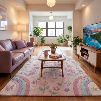 Unicorn Nursery Rug Pastel Rainbow Kids Room Rug Soft Playroom Carpet Floral Girls Bedroom Decor Baby Room Area Rug