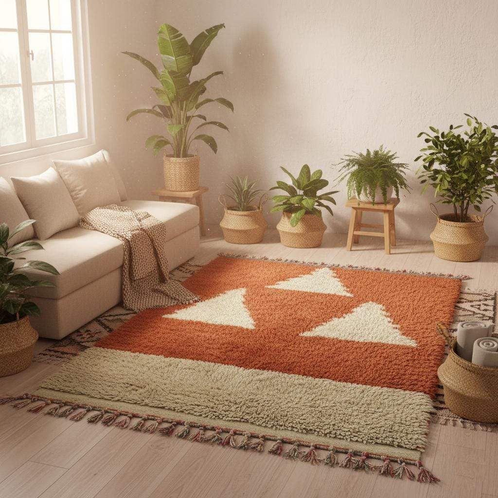 Vintage Berber Wool Rug – Terracotta Rust Cream Geometric Triangle Design