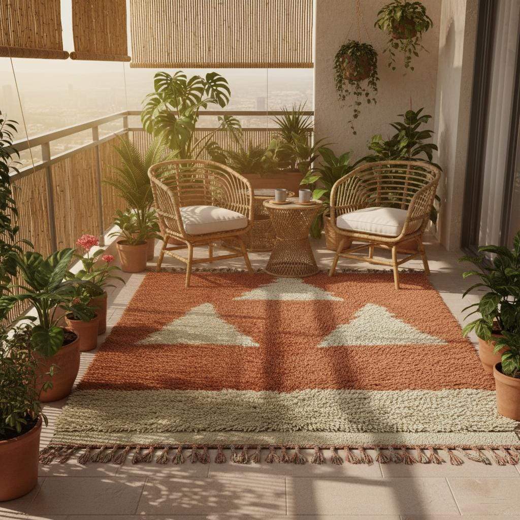 Vintage Berber wool rug in rust terracotta and cream geometric design, handmade Moroccan area rug for boho décor.