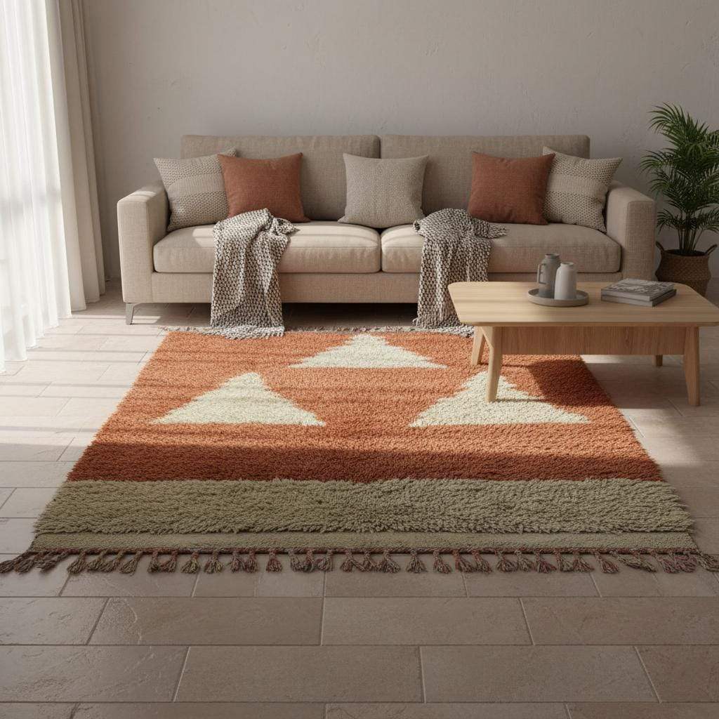 Wool area rug handmade Morocco rust terracotta with cream triangle pattern, ideal boho gift for housewarming.