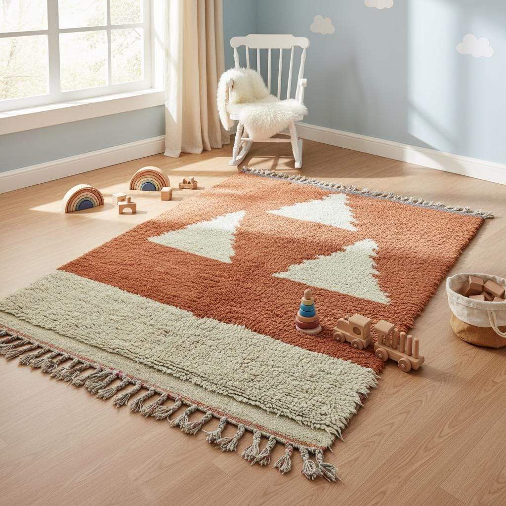 Terracotta rust wool rug Moroccan craft, cream triangles design, artisan Berber carpet for living room or reading nook.