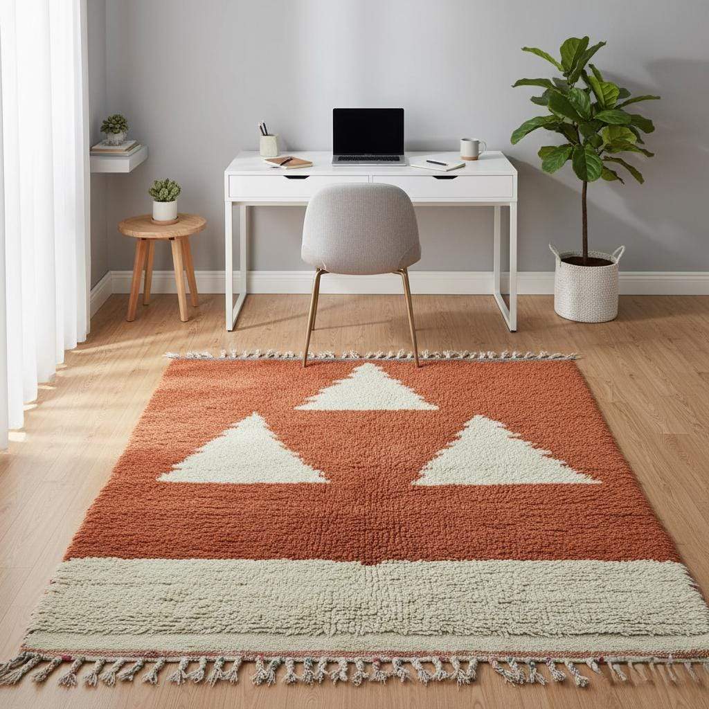 Handmade wool Moroccan rug rust terracotta and cream, geometric triangle motif, perfect for eclectic interior décor.