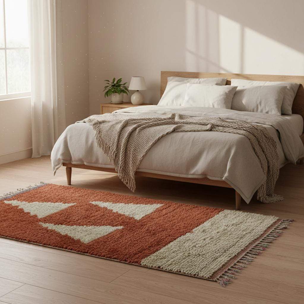 Vintage Berber Wool Rug – Terracotta Rust Cream Geometric Triangle Design