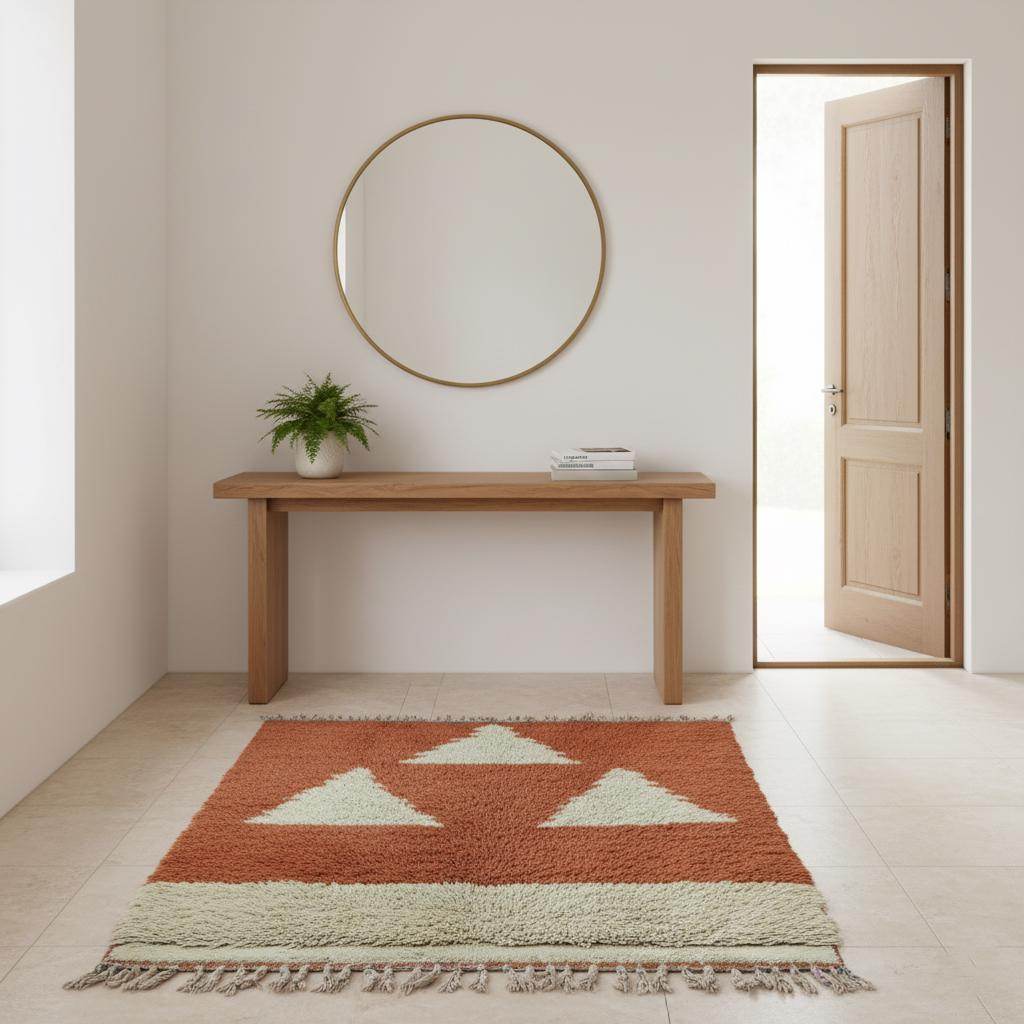 Vintage Moroccan Berber wool rug rust terracotta colour with cream geometric triangles, hand-knotted area rug for stylish home.