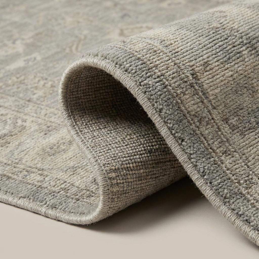 Vintage floral bordered hand-knotted runner rug in neutral gray with ornate floral medallion pattern and fringe edges