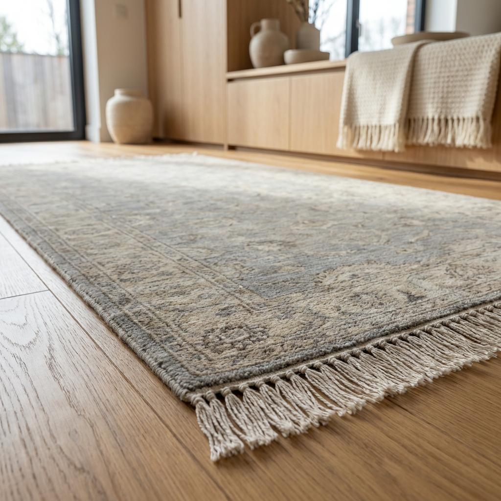 Vintage floral bordered hand-knotted runner rug in neutral gray tones with ornate floral medallion design and hand-tied fringe edges