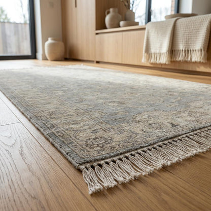 Vintage floral bordered hand-knotted runner rug in neutral gray tones with ornate floral medallion design and hand-tied fringe edges