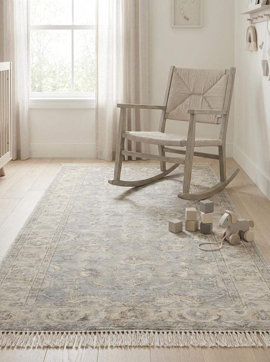 Vintage floral bordered hand-knotted runner rug in neutral gray tones with floral medallion pattern and hand-tied fringe edges