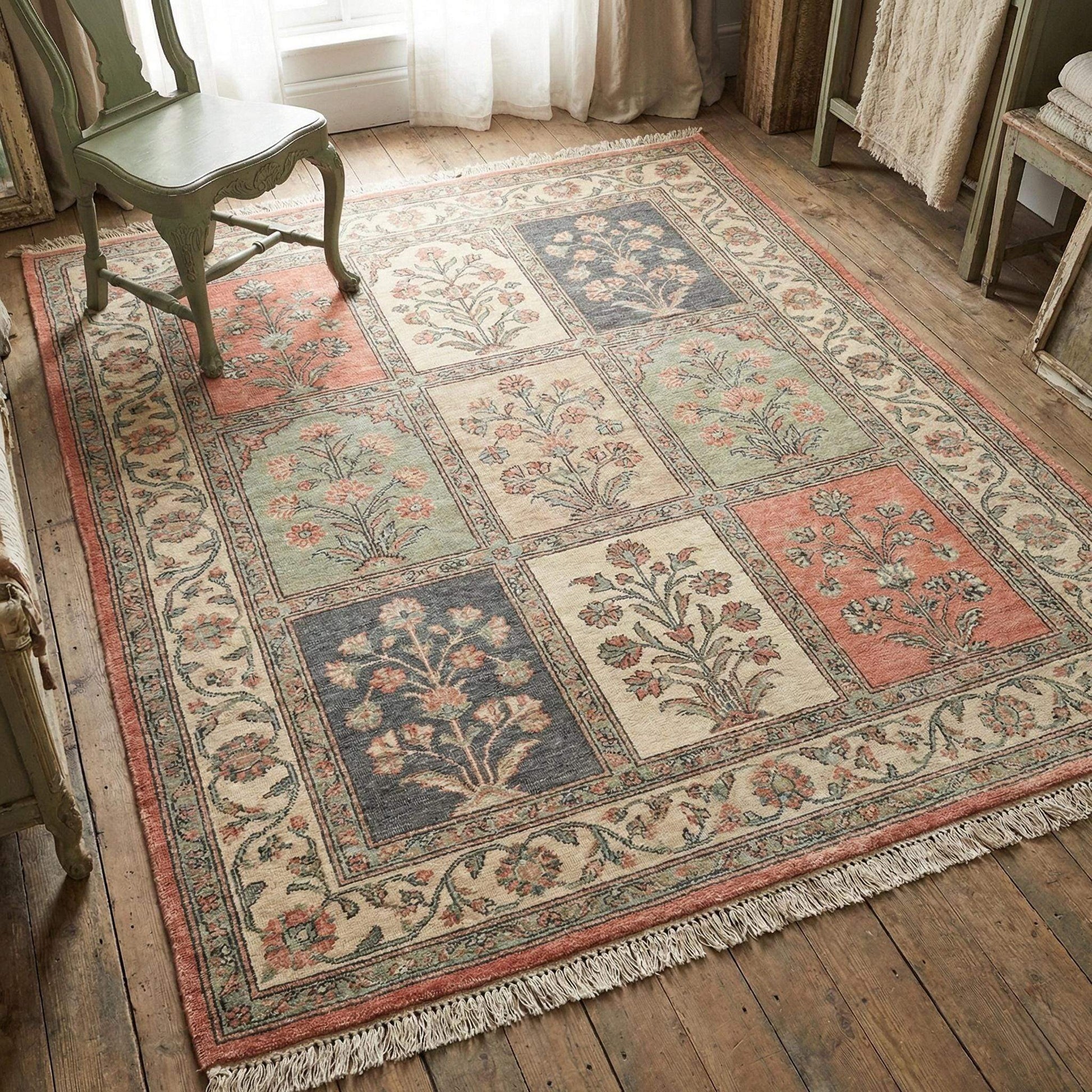 Vintage floral patchwork hand knotted wool area rug in coral sage and cream tones __etsy:7638750048